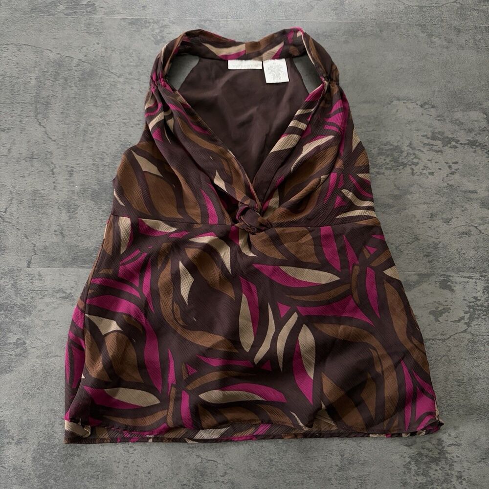 Y2K Worthington Brown Geometric Print Halter Top Brown V-Neck Blouse Womens 12